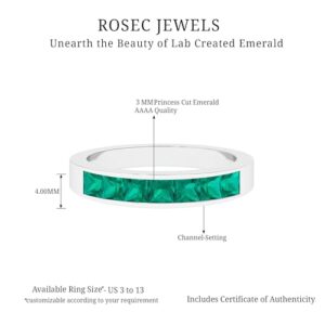 Rosec Jewels Certified Lab Grown Emerald Wedding Band, AAAA Quality, Princess Cut Emerald Anniversary Ring - Ready to Gift, 14K White Gold, Size:US 9.00