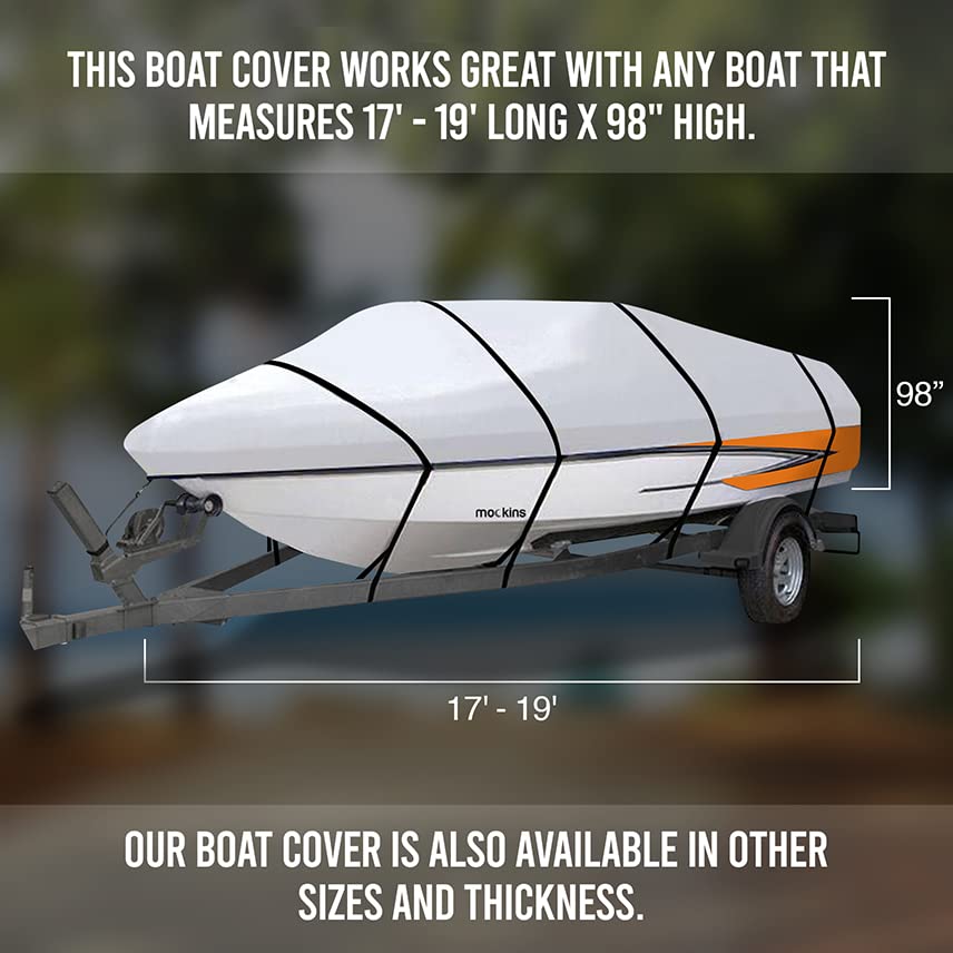 Mockins Trailerable Boat Covers 17-19ft x 98" | 150D Polyester Oxford Boat Cover Fit V-Hull, Tri-Hull, Fishing, Runabout, Bass Boat Cover | UV & Water Resistant - Protects Boat from All Elements