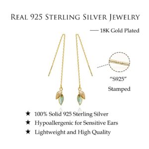 Reffeer Solid 925 Sterling Silver Leaf Chain Dangle Earrings for Women Teen Girls Leaf Dangle Drop Earrings Threader Tassel (B-18K Gold)