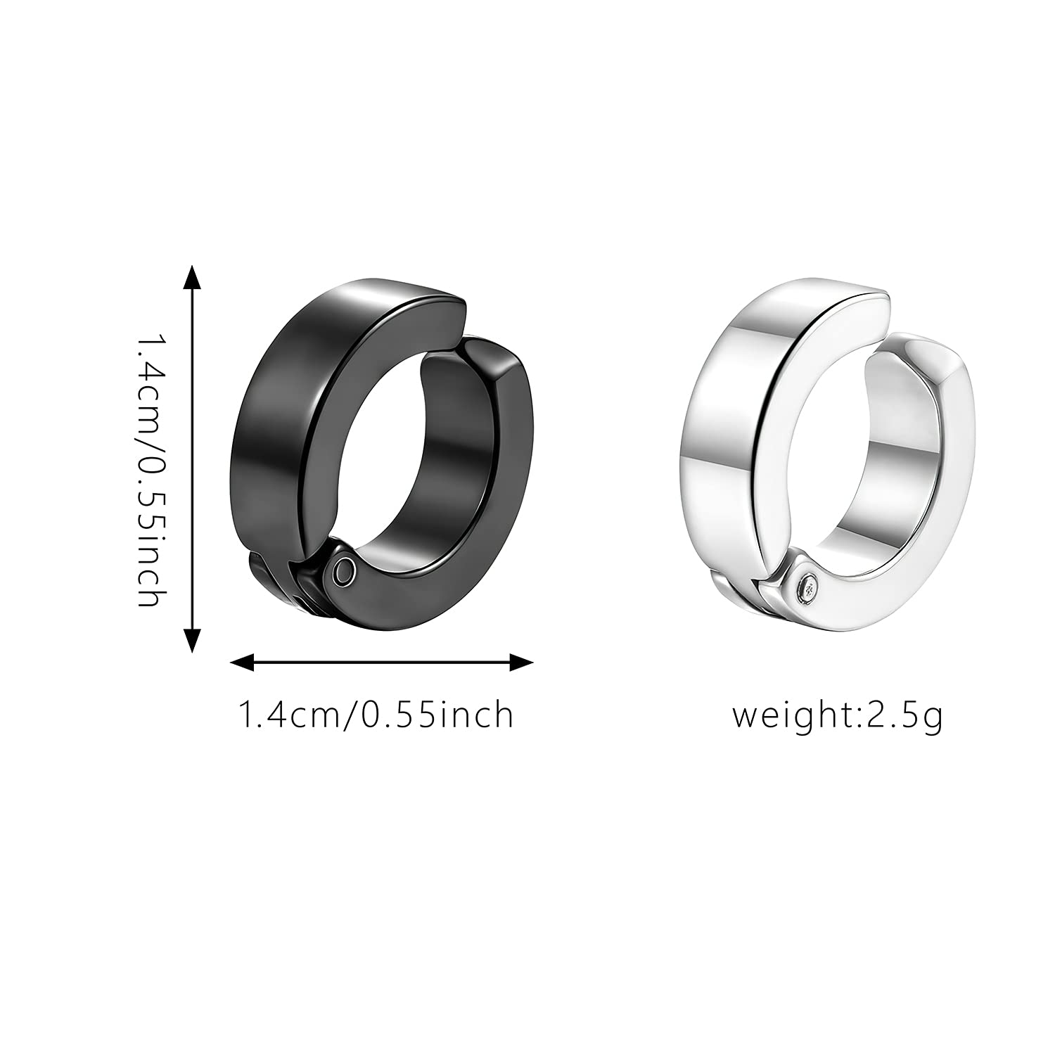 YUNXI 2 Pairs Black Silver Cuff Earrings for Men's Women Punk Rock Stainless Steel Circle Round Shape Design Hoop Earrings (2 Pairs- Silver+Black)