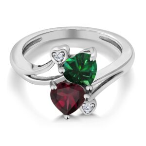 Gem Stone King 925 Sterling Silver Green Nano Emerald Red Rhodolite Garnet and White Moissanite Ring For Women (1.45 Cttw, Heart Shape 6MM, Gemstone May Birthstone, Available In Size 5, 6, 7, 8, 9)