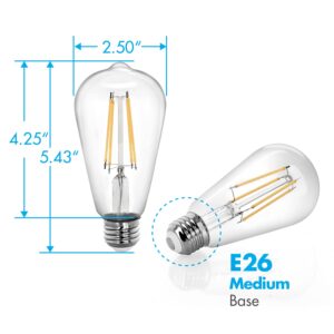 Tenergy Vintage LED Edison Bulbs 8W, Equivalent 60W Incandescent, Cool White Color Light 4000K, ST64 Antique LED Filament Bulbs, E26 Medium Base, Non-Dimmable, Clear Glass, 4 Count