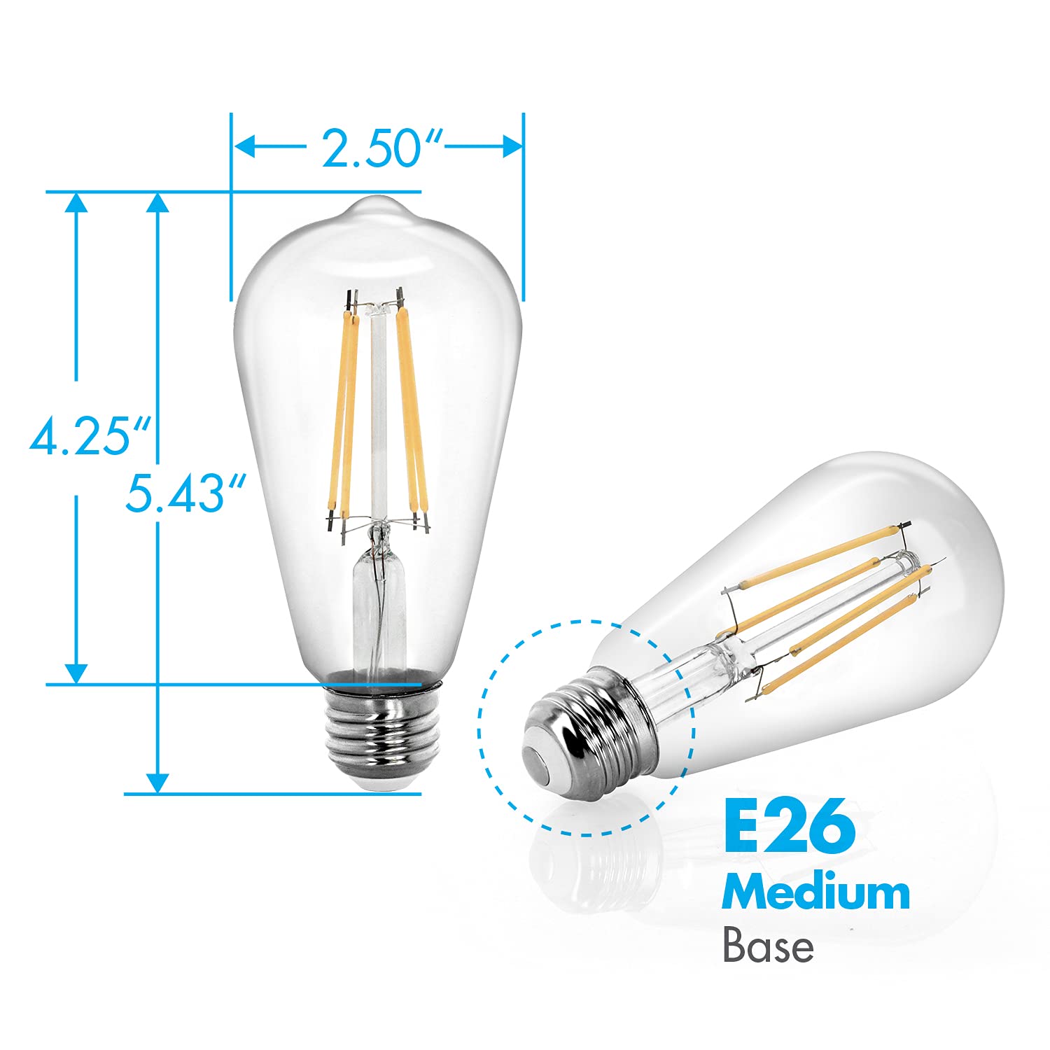 Tenergy Vintage LED Edison Bulbs 8W, Equivalent 60W Incandescent, Cool White Color Light 4000K, ST64 Antique LED Filament Bulbs, E26 Medium Base, Non-Dimmable, Clear Glass, 4 Count