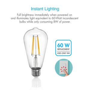 Tenergy Vintage LED Edison Bulbs 8W, Equivalent 60W Incandescent, Cool White Color Light 4000K, ST64 Antique LED Filament Bulbs, E26 Medium Base, Non-Dimmable, Clear Glass, 4 Count