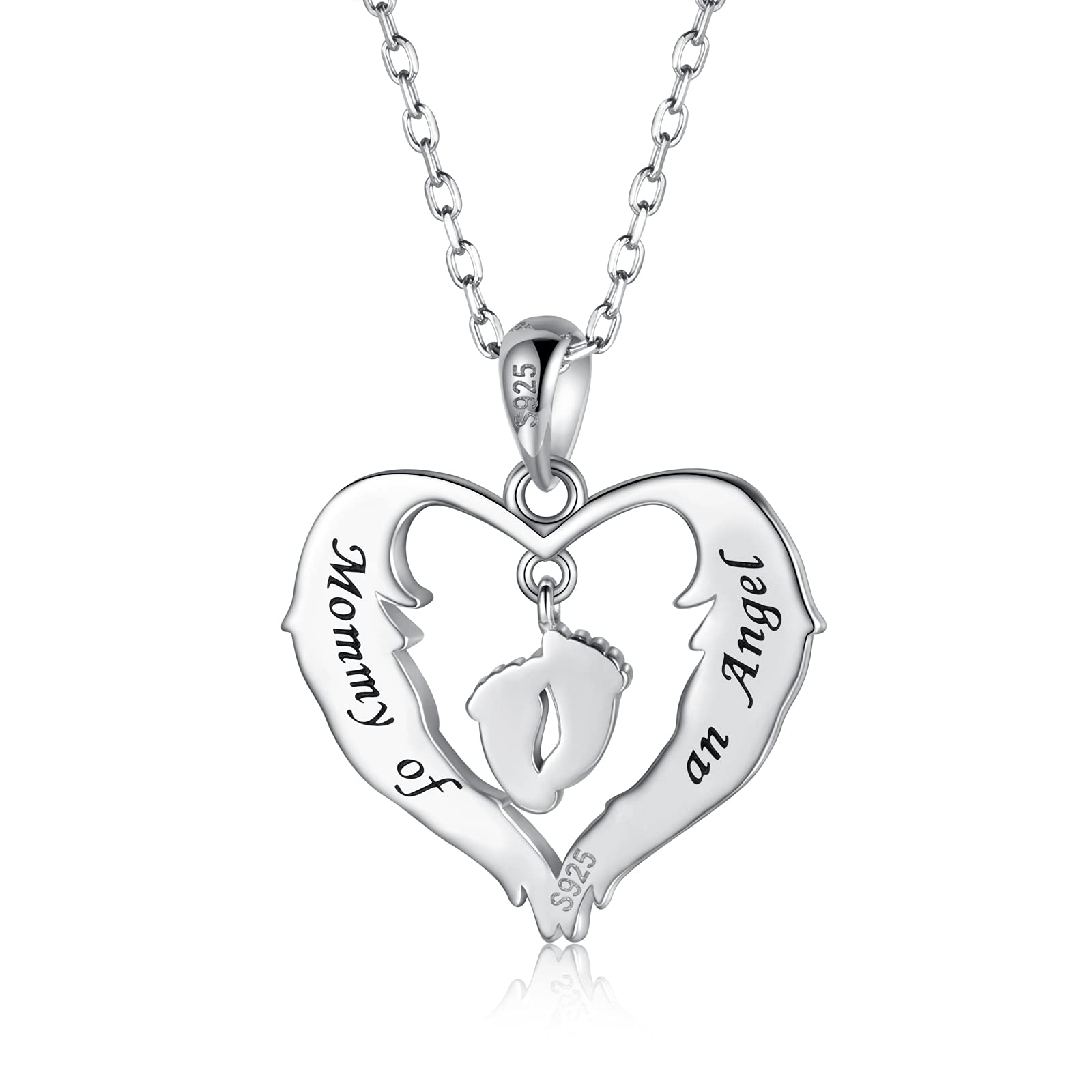 Sterling Silver Miscarriage Necklace for Women: Heart Angel Wing Foots Pendant Mommy of an Angel Jewelry, Pregnancy Loss Memorial Gifts for Mother Loss of a Baby