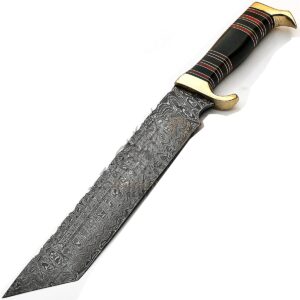 HTK-9228 Custom Handmade Damascus Steel Hunting Tanto Knife 15 Inches Buffalo Horn Handle Ladder pattern Blade with sheath