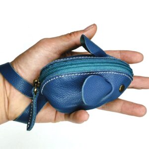 Genuine Leather Mouse Coin Purse Wallet, Womens Change Purse with Zipper, Cute Soft Leather Coin Pouch Mini Size (Blue)