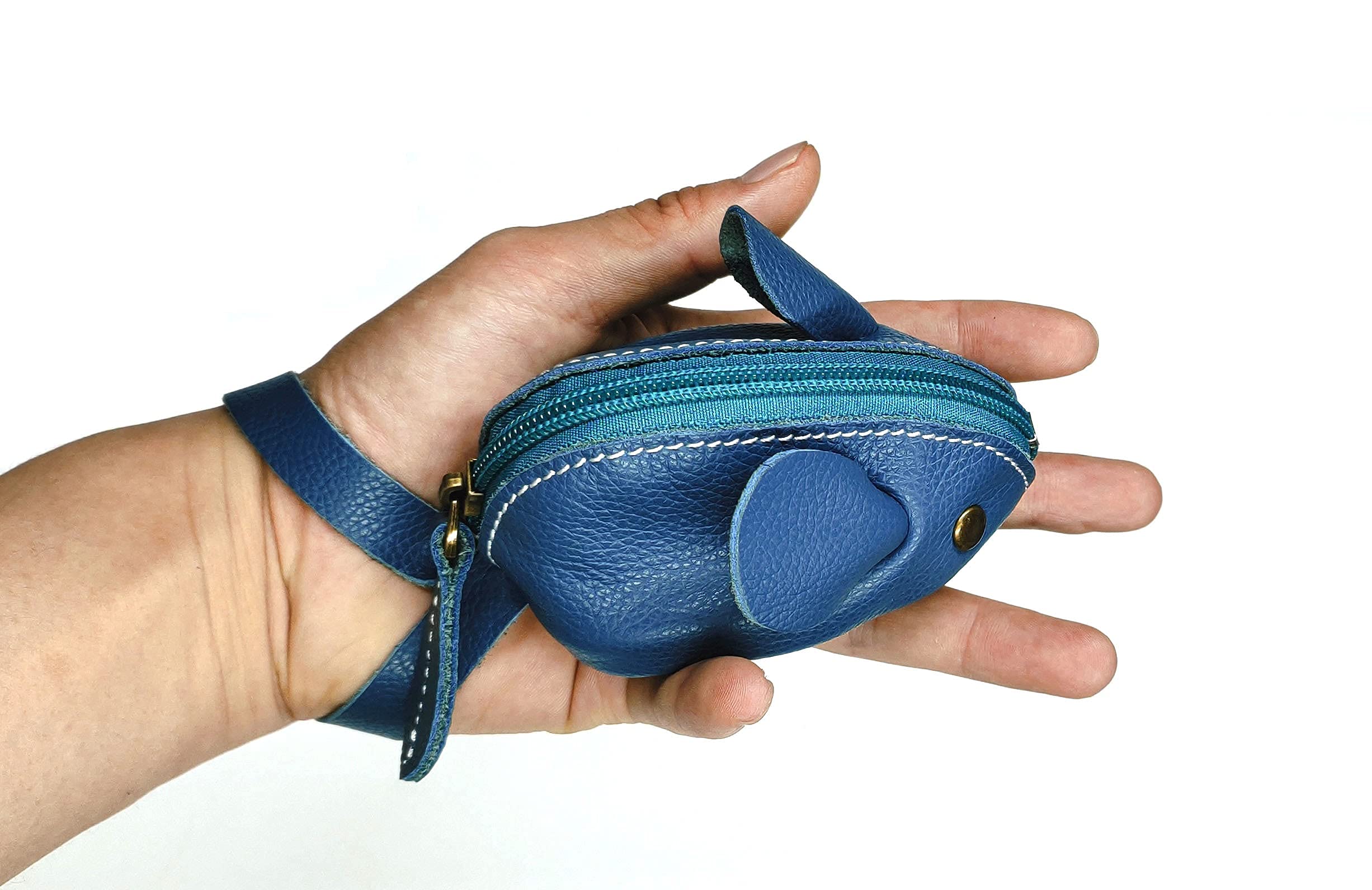 Genuine Leather Mouse Coin Purse Wallet, Womens Change Purse with Zipper, Cute Soft Leather Coin Pouch Mini Size (Blue)