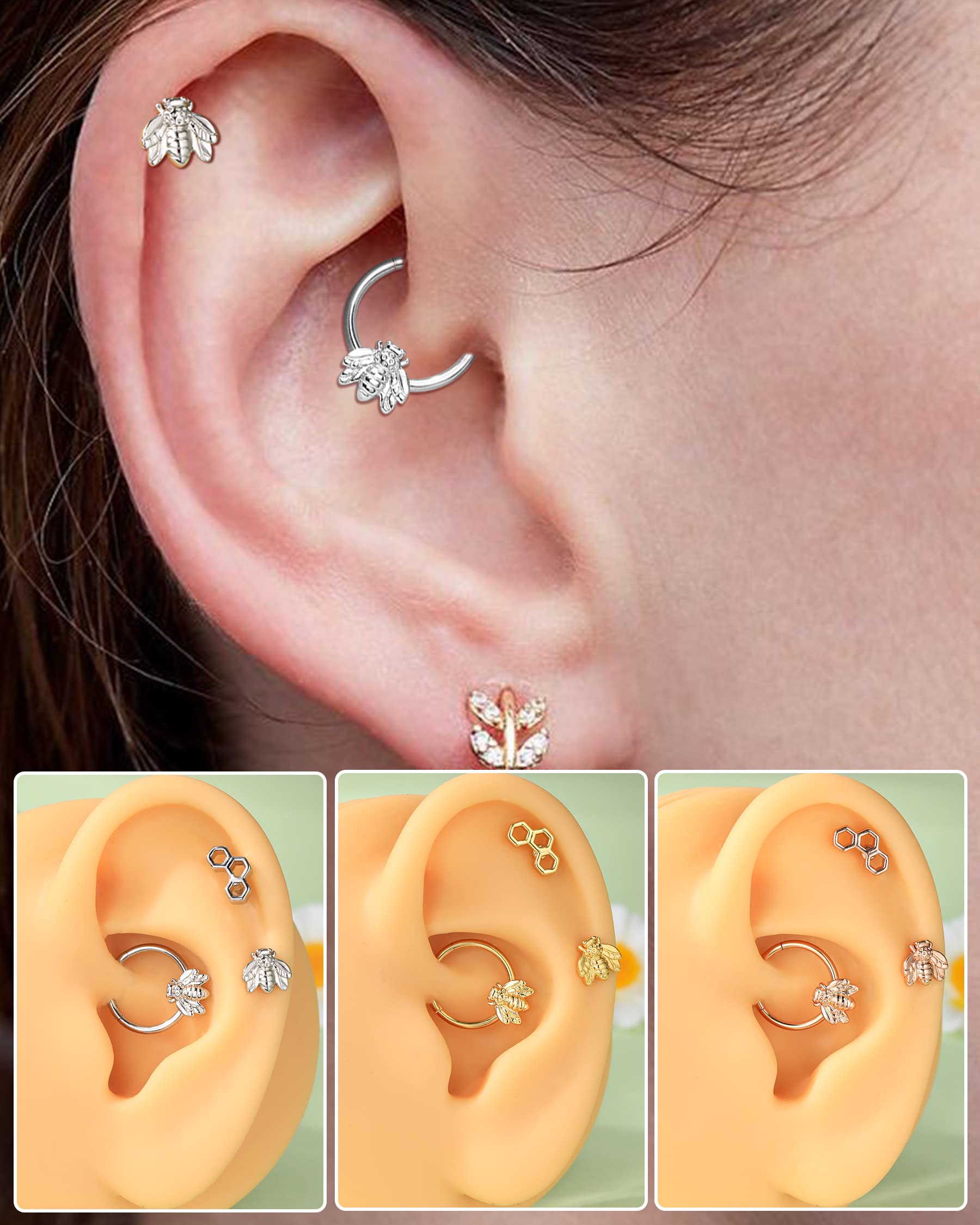 Melighting 3pcs Bee Cartilage Earrings 316L Surgical Steel 16G Septum Jewelry Helix Earrings Honeycomb Tragus Earring Stud for Women Daith Piercing Conch Earring