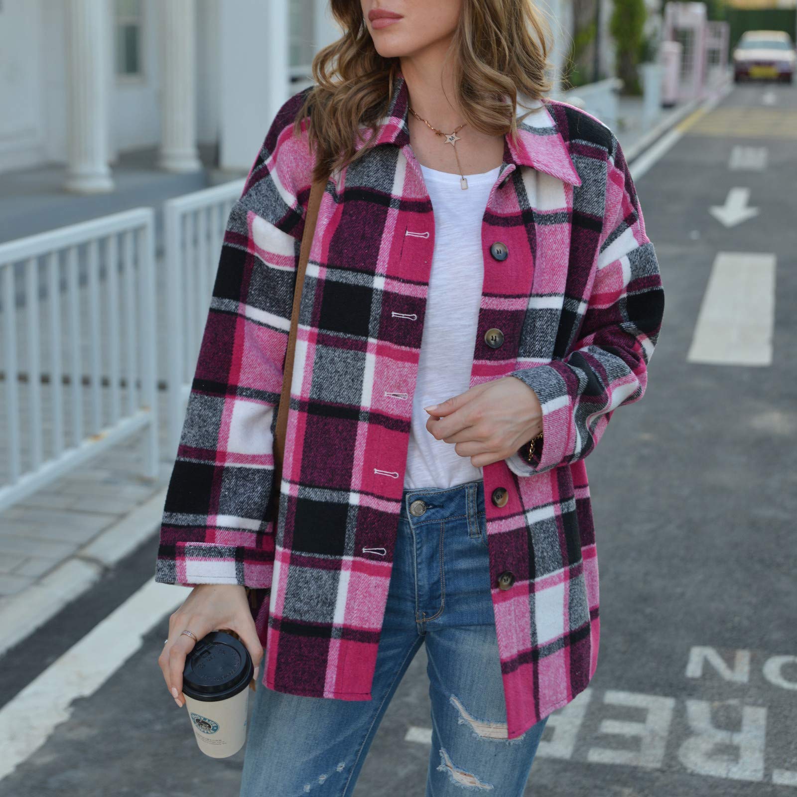 Women Flannel Shirts Plus Size, Women Plaid Long Shirt Button Down Collar Long Sleeve Oversized Shacket Jacket Hot Pink