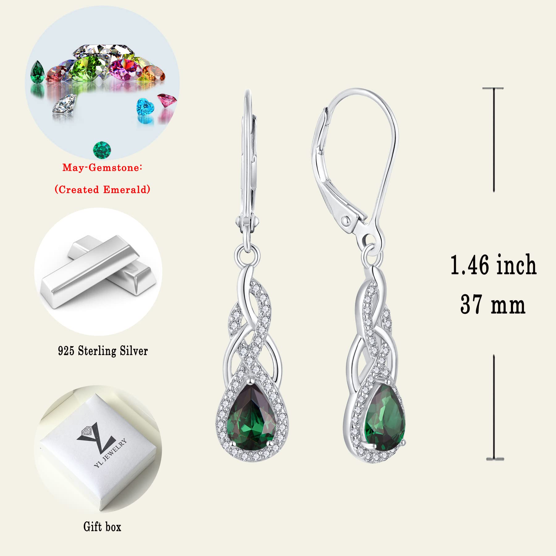 YL Celtic Knot Earrings 925 Sterling Silver Twist Dangle Drop Earring Created Emerald Infinity Leverback Jewelry for Women