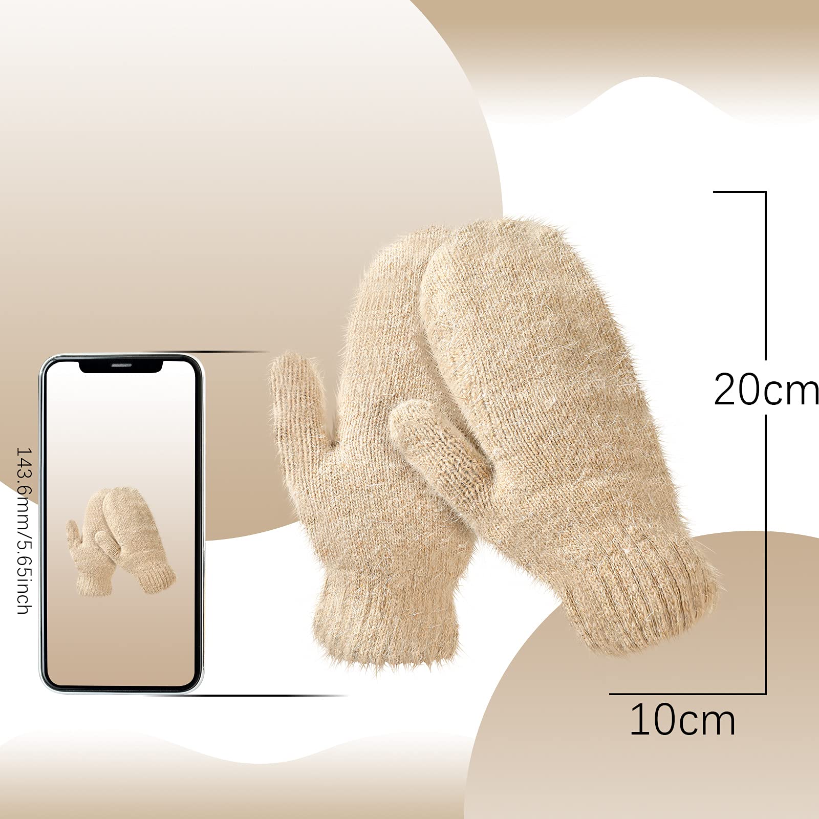 Hicarer 4 Pairs Women Mittens for Women Adult Winter Ladies Mittens Knitted Gloves Warm Fleece Mittens Double Wool Gloves, Black, Grey, Light Grey, Camel, about 3.9 x 9 inches