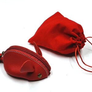 Genuine Leather Mouse Coin Purse Wallet, Womens Change Purse with Zipper, Cute Soft Leather Coin Pouch Mini Size - (Red)