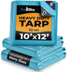 10x12 heavy duty tarp waterproof - 12 mil thick pool tarp cover - 10x12 tarp uv resistant, rip & tear proof with metal grommets – blue tarp multipurpose use for camping, tent, boat, rv, car