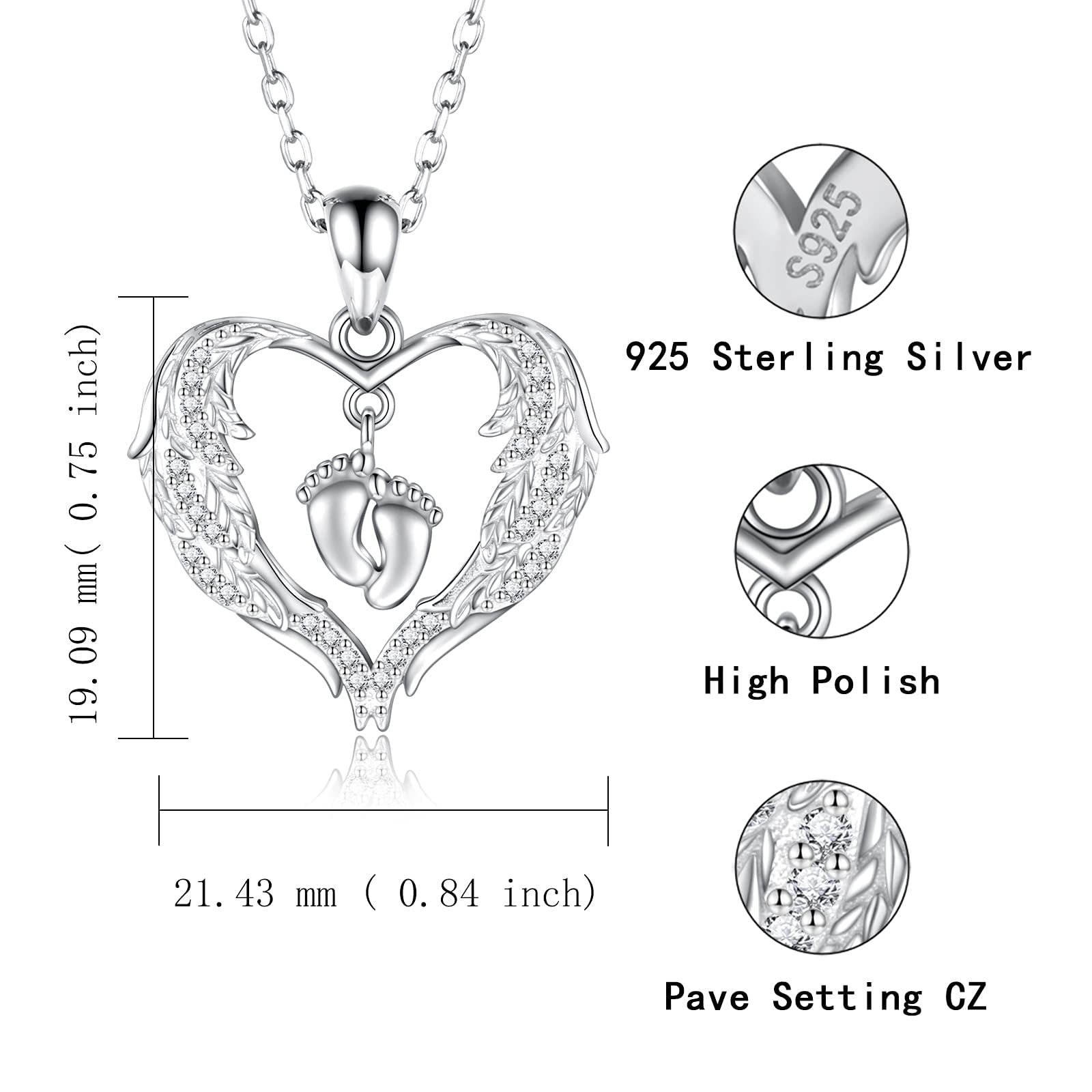 Sterling Silver Miscarriage Necklace for Women: Heart Angel Wing Foots Pendant Mommy of an Angel Jewelry, Pregnancy Loss Memorial Gifts for Mother Loss of a Baby