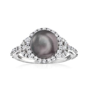 ross-simons 8.5-9mm black cultured pearl and .50 ct. t.w. cz ring in sterling silver. size 6