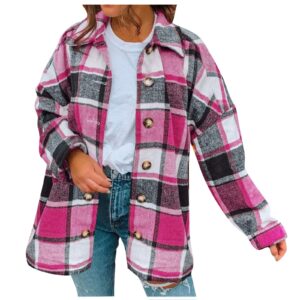 women flannel shirts plus size, women plaid long shirt button down collar long sleeve oversized shacket jacket hot pink