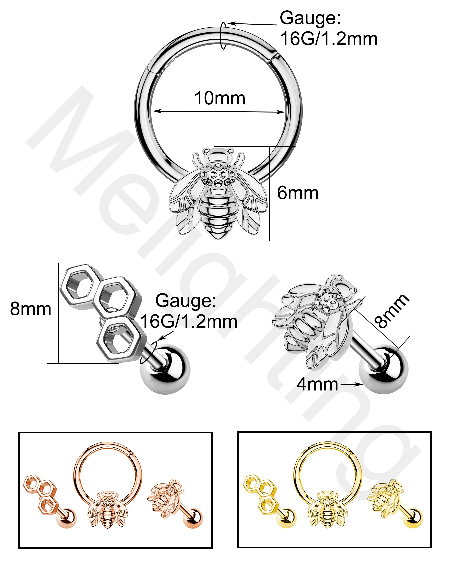 Melighting 3pcs Bee Cartilage Earrings 316L Surgical Steel 16G Septum Jewelry Helix Earrings Honeycomb Tragus Earring Stud for Women Daith Piercing Conch Earring