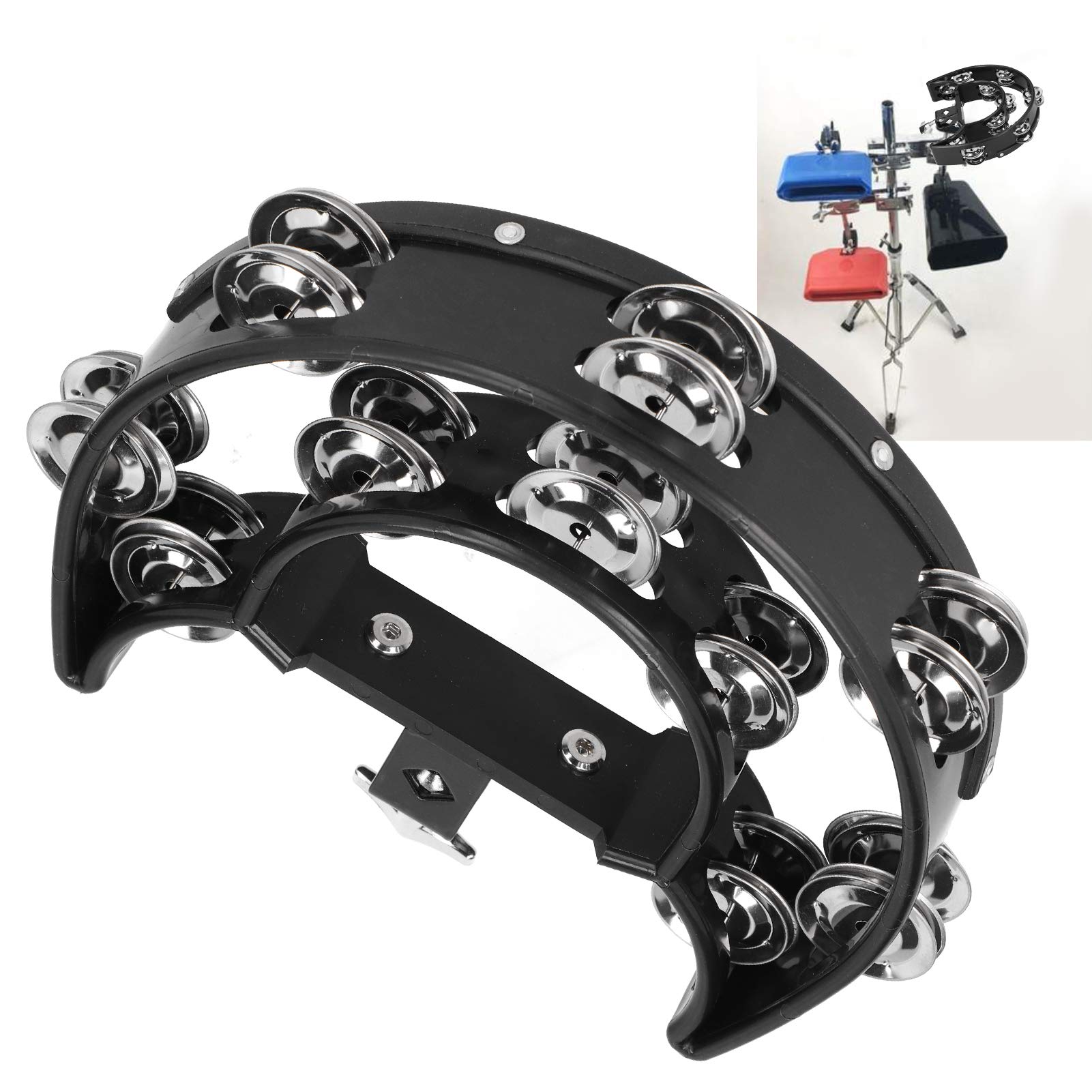 Hi Hat Tambourine Half Moon Hand Bell Rattle Double Row Bells with Mounting Bracket for Drummers Guitarists