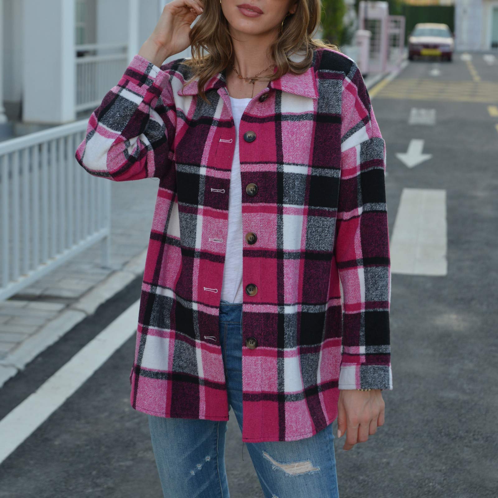 Women Flannel Shirts Plus Size, Women Plaid Long Shirt Button Down Collar Long Sleeve Oversized Shacket Jacket Hot Pink