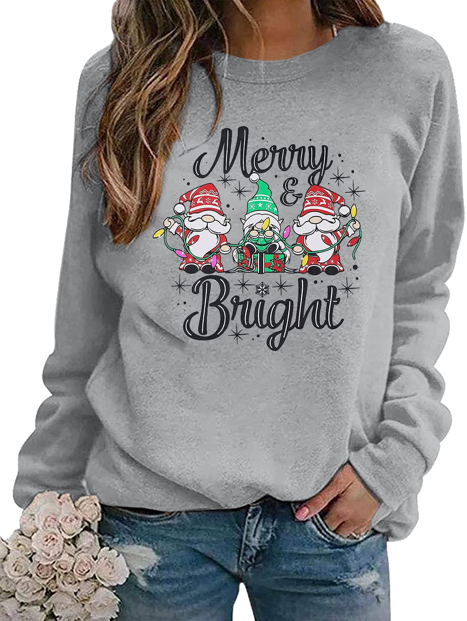 KIMSOONG Christmas Sweatshirts for Women Believe Sweatshirt Funny Christmas Sweaters Lightweight Blouse Xmas Hat Holiday Tops