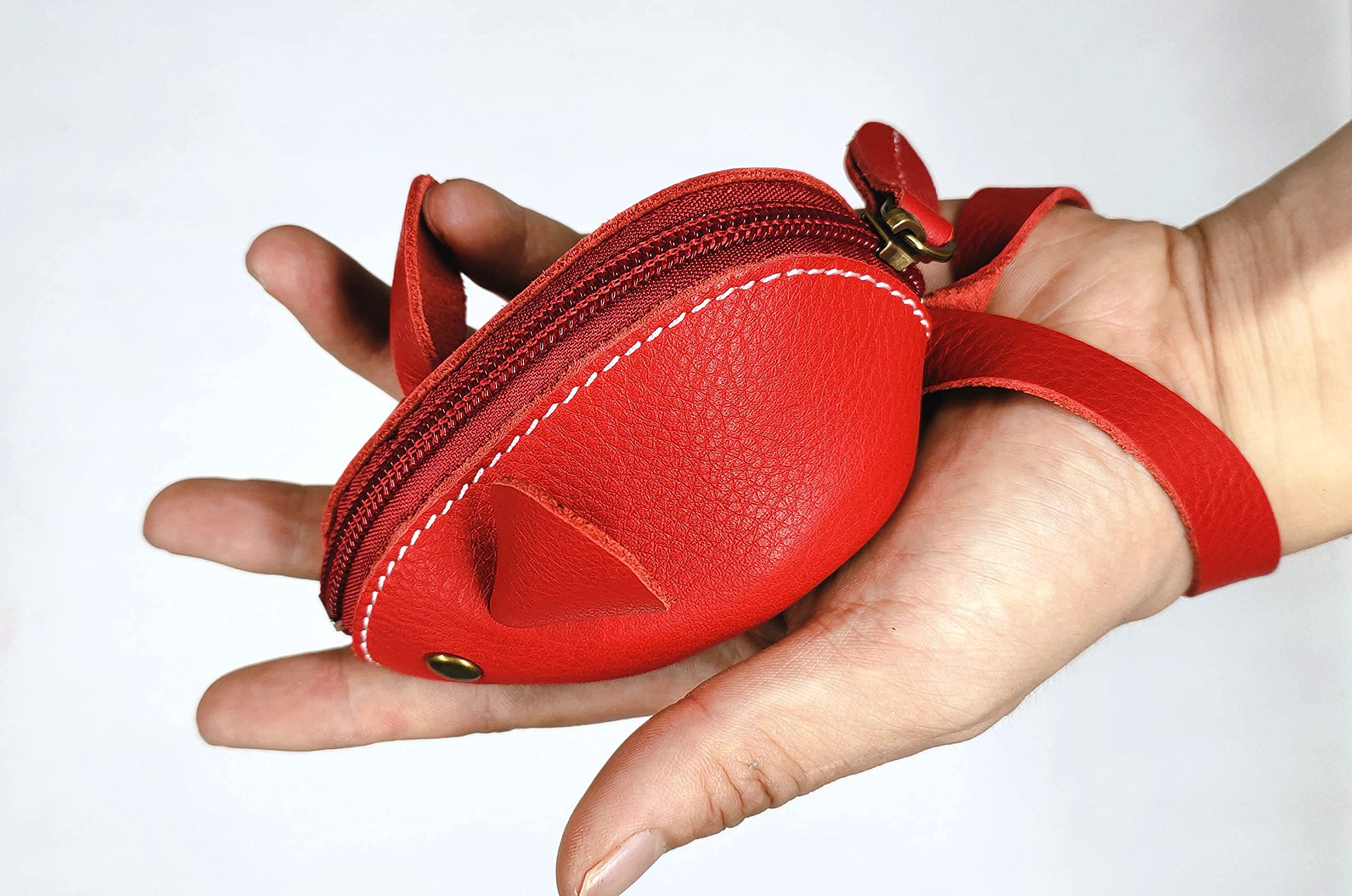 Genuine Leather Mouse Coin Purse Wallet, Womens Change Purse with Zipper, Cute Soft Leather Coin Pouch Mini Size - (Red)