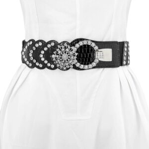 Vivilly Women's Rhinestone Belt Black Crystal Stretchy Retro Wide Waist Cinch Belt for Dress