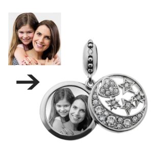 Qina C Sterling Silver Personalized Text & Photo Engraved Message Moon Star Crystal Dangle Bead F/European Charm Bracelet Gift f/Family Friend Wife Daughter