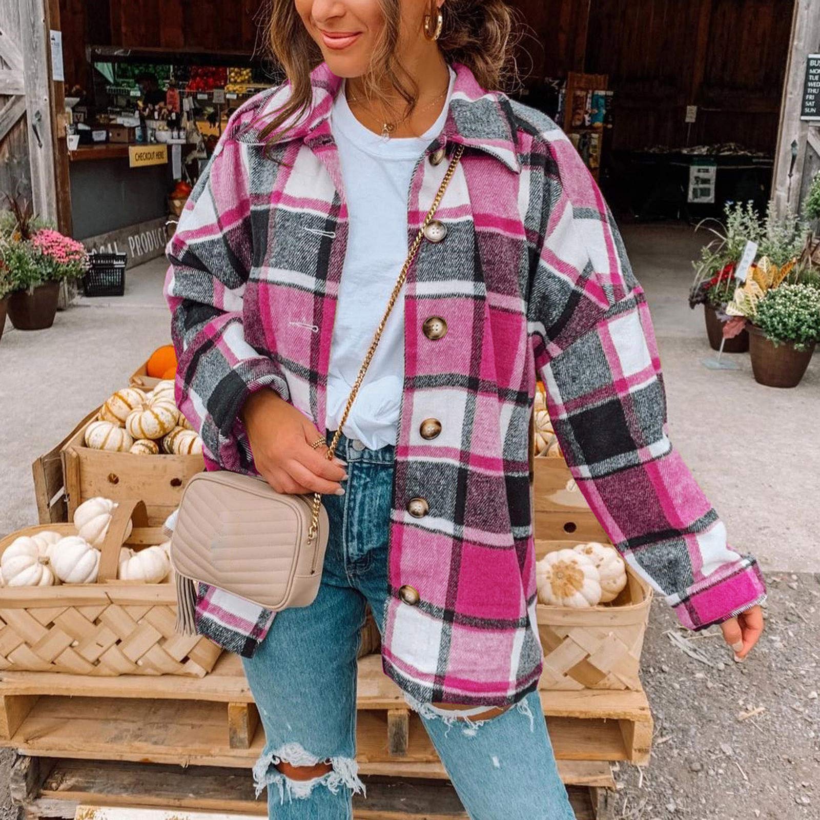 Women Flannel Shirts Plus Size, Women Plaid Long Shirt Button Down Collar Long Sleeve Oversized Shacket Jacket Hot Pink