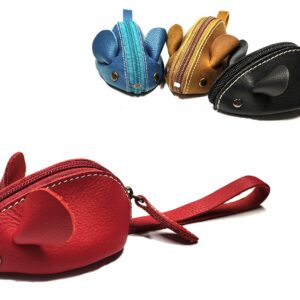 Genuine Leather Mouse Coin Purse Wallet, Womens Change Purse with Zipper, Cute Soft Leather Coin Pouch Mini Size - (Red)