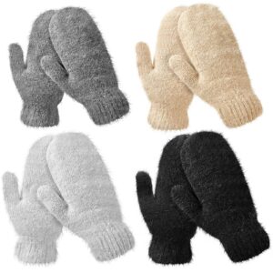 Hicarer 4 Pairs Women Mittens for Women Adult Winter Ladies Mittens Knitted Gloves Warm Fleece Mittens Double Wool Gloves, Black, Grey, Light Grey, Camel, about 3.9 x 9 inches