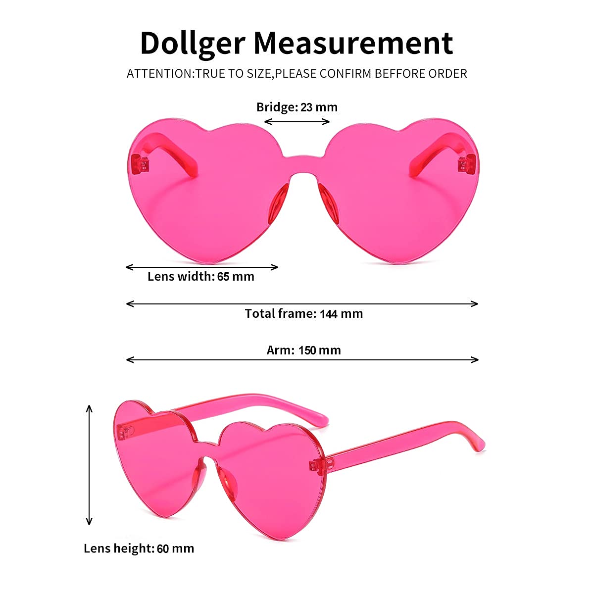 Dollger Heart Shape Sunglasses Bachelorette Party Sunglasses One Piece Transparent Rimless Candy Color Glasses Dark Pink