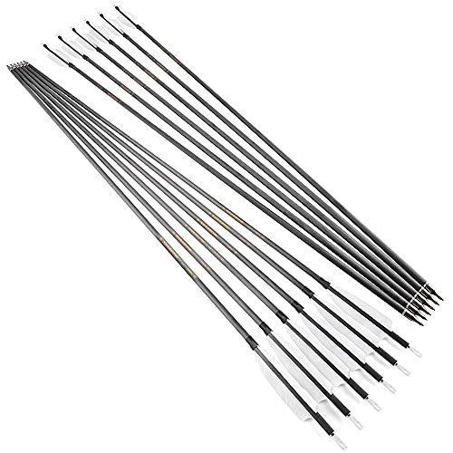 ZSHJGJR Archery 35" Carbon Arrow Hunting Arrows with 3 Pieces of 4-Inch White Feathers Targeting Practice Arrows Spine 400 for Recurve Bow Longbow Traditional Bow (12pcs)