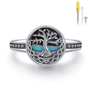 Tree of Life Urn Ring for Ashes 925 Sterling Silver Celtic Knot Memorial Keepsake Jewelry Always in My Heart Abalone Shell Cremation Ring for Women Men Size 7