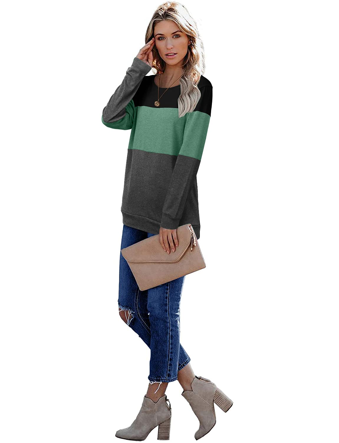 CRAZY GRID Women Casual Tops Loose Color Block Comfy Long Sleeve T Shirt Pullover Sweatshirts Black Green Small