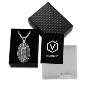 VENICEBEE® Guadalupe Our Lady Holy Virgin Mary Medal Devotional Christian Amulet Solid 925 Sterling Silver Pendant Necklace + Velvet Pouch, Polishing Cloth, Gift Box - Plata Nuestra Señora Virgen