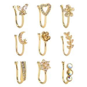 CrazyPiercing Fake Nose Ring CZ African Nose Cuffs Gold Faux Septum Nose Rings Clip on Nose Jewelry for Woman Non Pierced Jewelry (9 Clip Nose Ring)