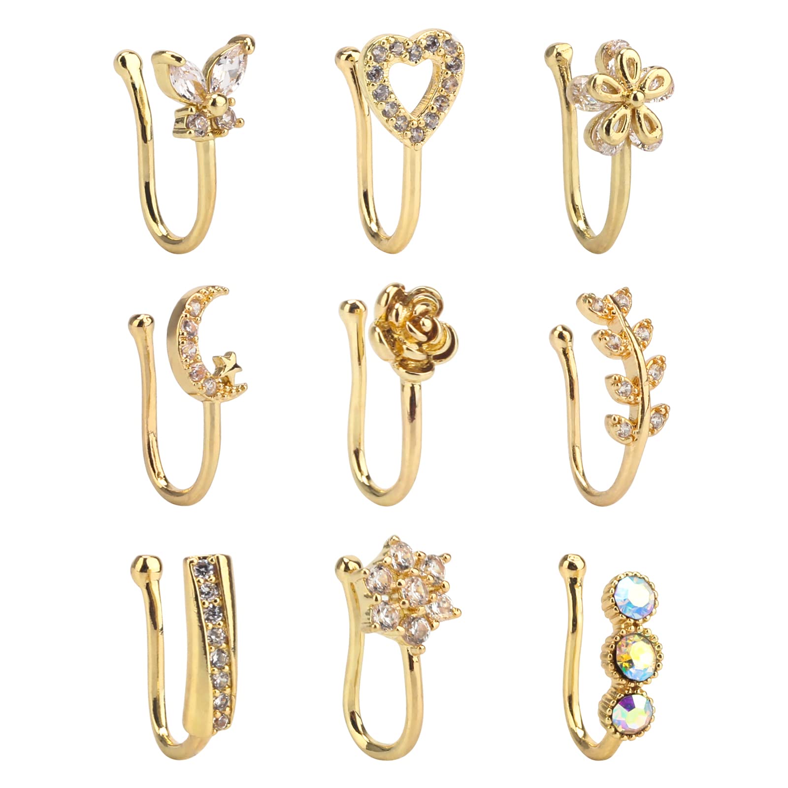 CrazyPiercing Fake Nose Ring CZ African Nose Cuffs Gold Faux Septum Nose Rings Clip on Nose Jewelry for Woman Non Pierced Jewelry (9 Clip Nose Ring)