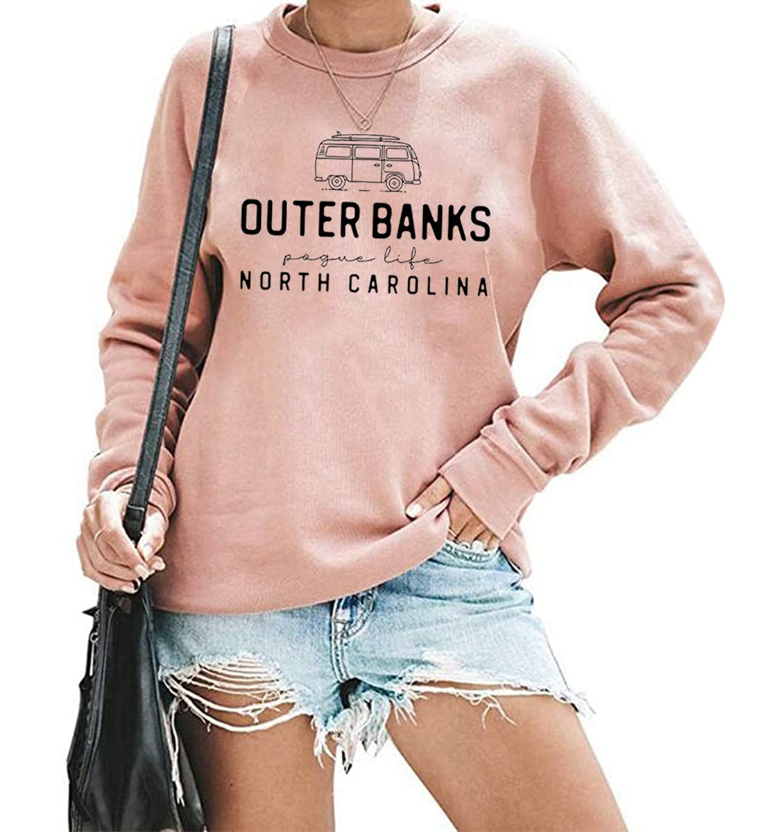 TSIIUO Women's Outer Banks Pogue Life Monoline Bus Sweatshirt Funny Show Pullover Tops Tees Pink M