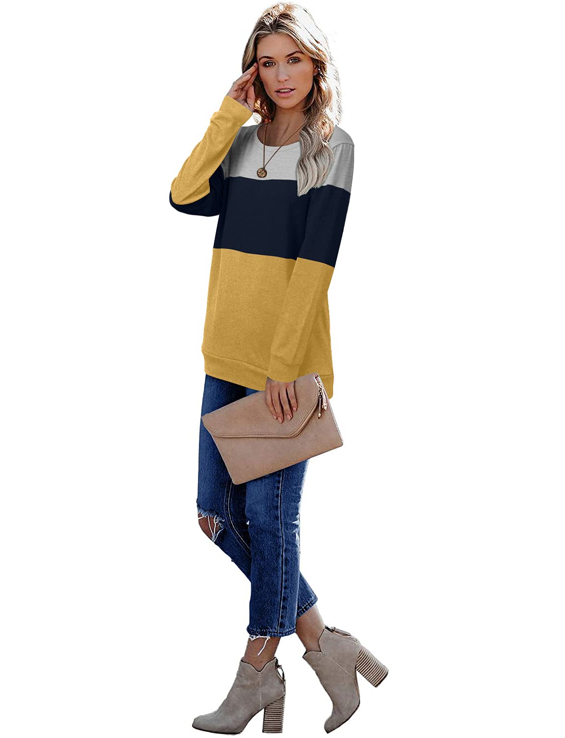 CRAZY GRID Ladies Long Sleeve Tops Pullover Color Block Casual Sweatshirts Comfy Lounge Blouse Blue Yellow Medium