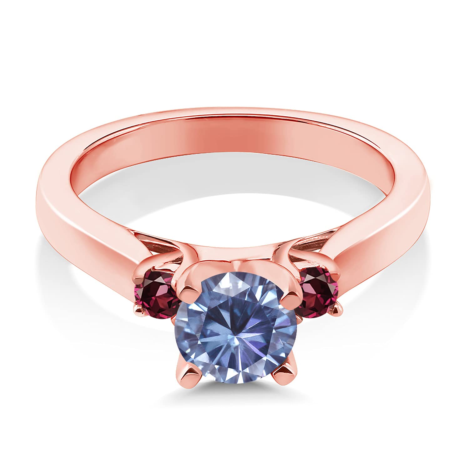 Gem Stone King 18K Rose Gold Plated Silver Persian Blue Moissanite and Red Rhodolite Garnet 3-Stone Engagement Ring For Women (0.98 Cttw, Round 6MM, Gemstone Birthstone, Size 9)