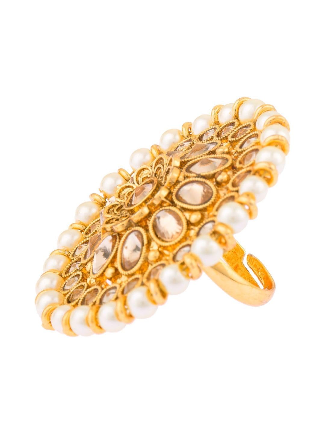 Efulgenz Indian Rings for Women Indian Jewelry Antique Round Faux Pearl Crystal Kundan Bollywood Adjustable Big Ring Finger for Women