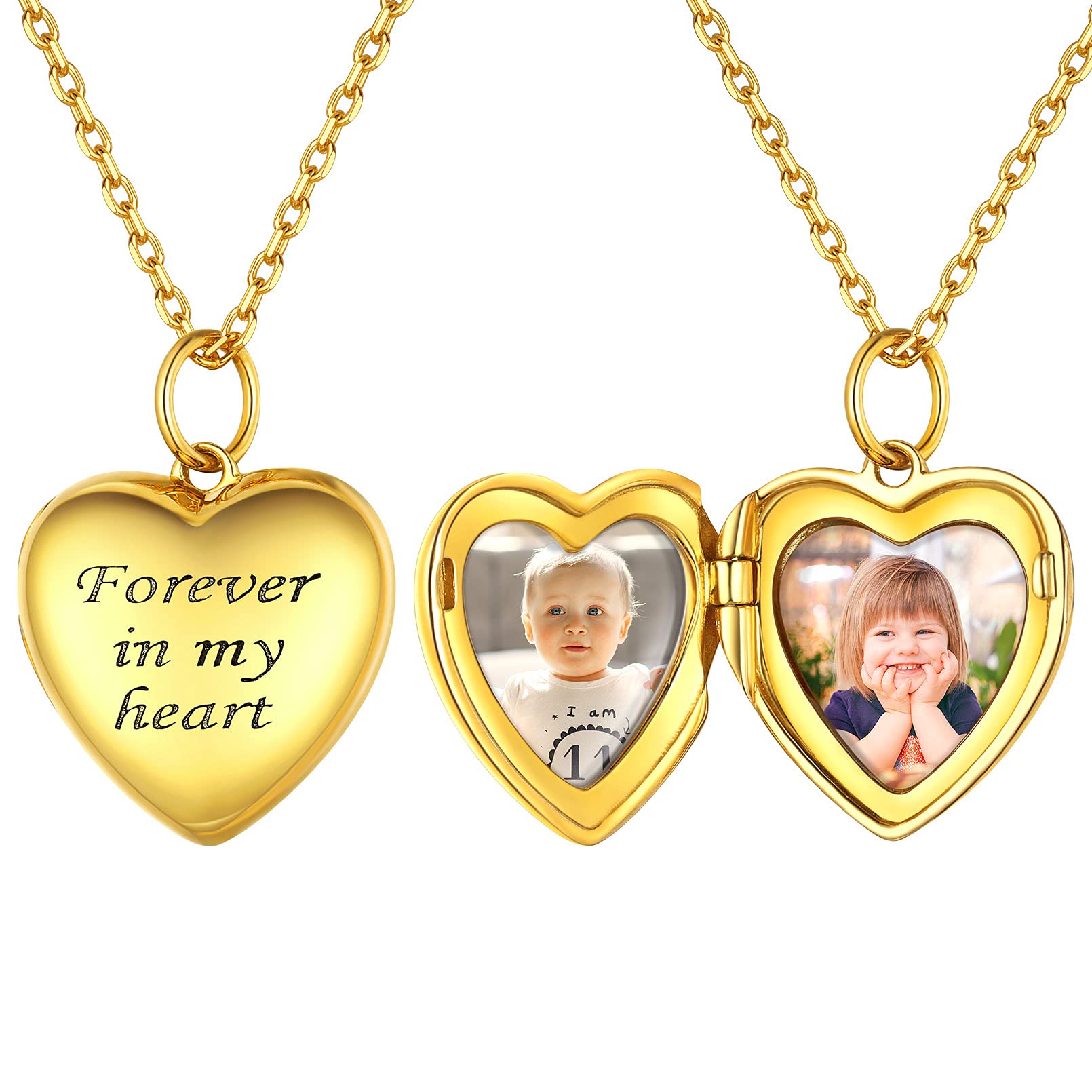 ChicSilver Gold Plated Personalized Heart Shape Locket Necklace for Women, Custom Memory Photo Forever in My Heart Sterling Silver Locket Necklace That Holds Picture, 18 Inch