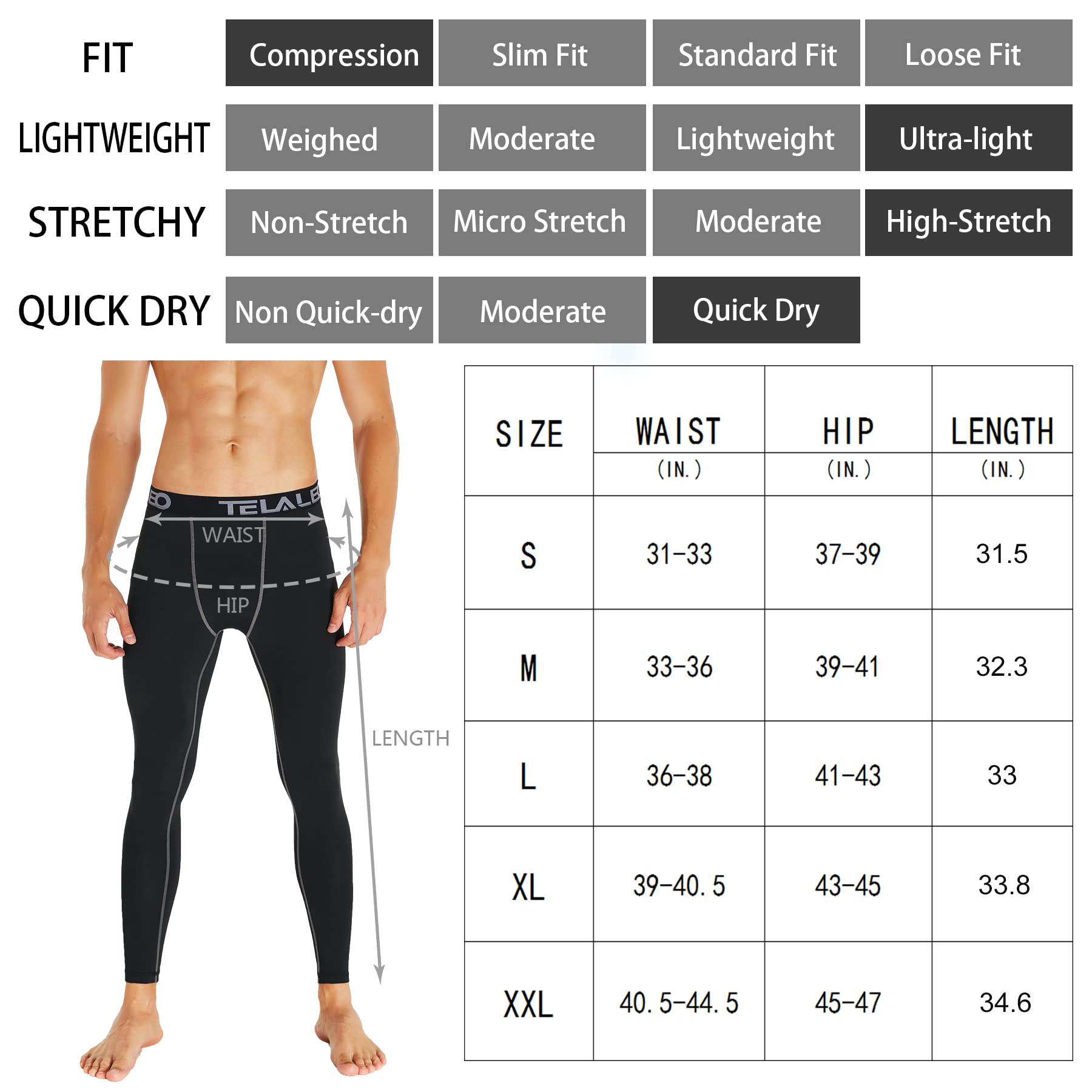 TELALEO 4 Pack Men's Compression Pants Leggings Sports Tights Performance Athletic Baselayer Workout Running L