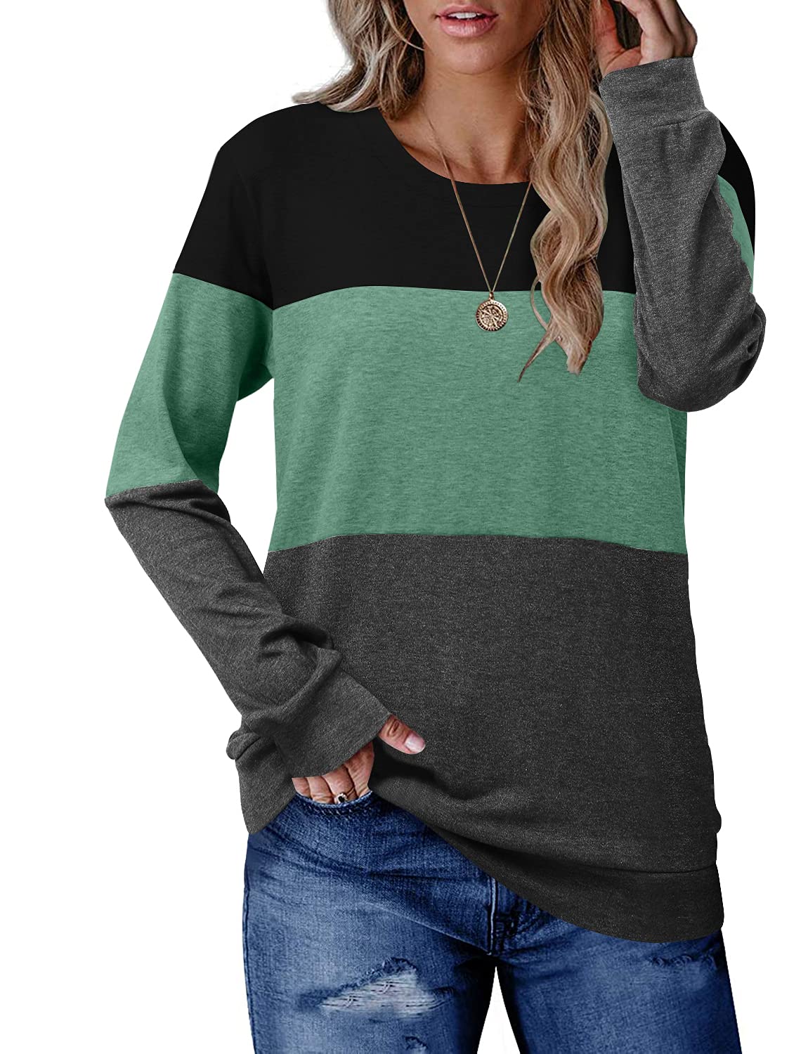 CRAZY GRID Women Casual Tops Loose Color Block Comfy Long Sleeve T Shirt Pullover Sweatshirts Black Green Small