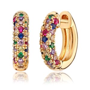 MEVECCO Dainty Women Gold CZ Huggie Hoop Earrings 18K Gold Plated White Multicolor Diamond Cubic Zriconia Inlay Sleeper Tiny Delicate Boho Beach Simple Handmade Jewelry for Her