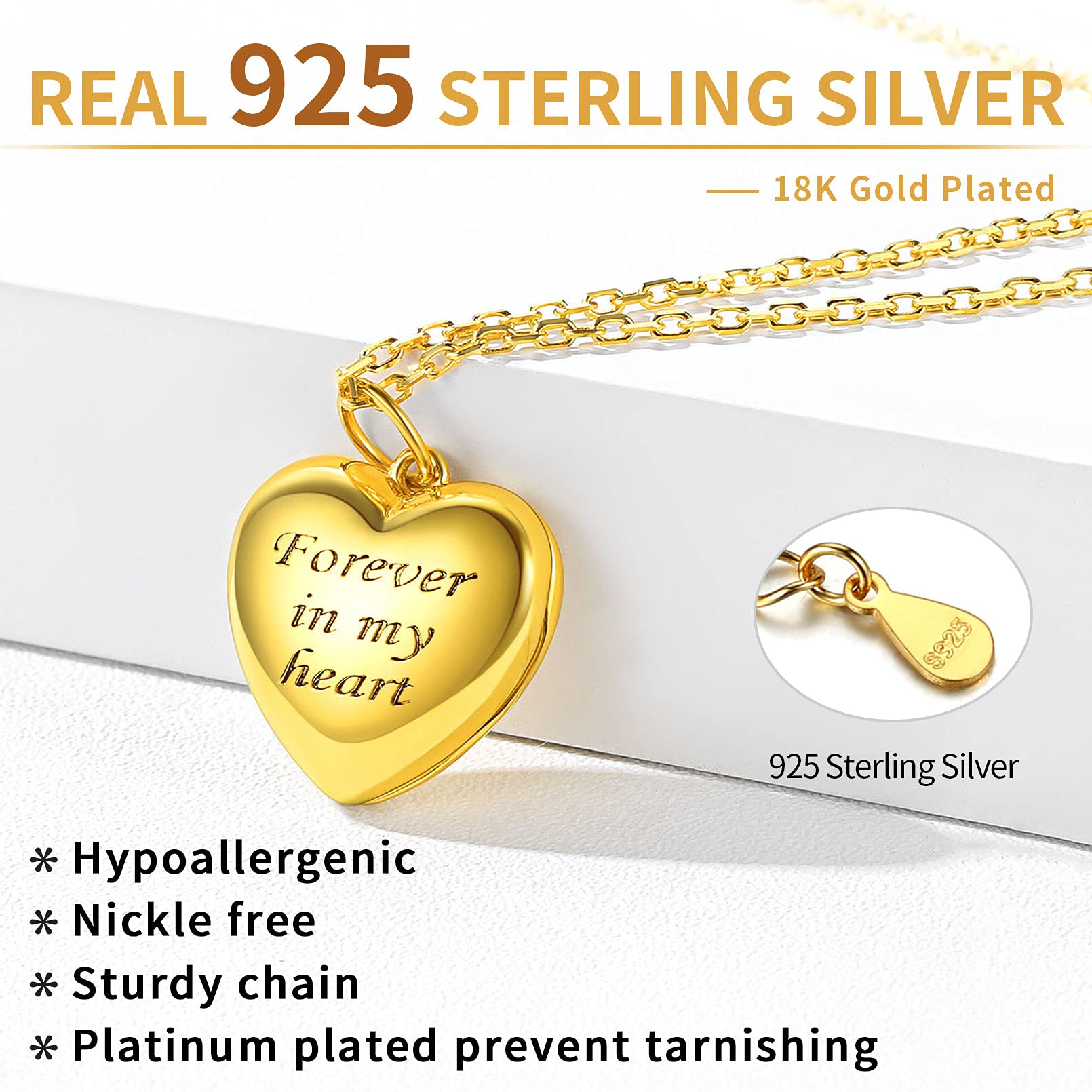 ChicSilver Gold Plated Personalized Heart Shape Locket Necklace for Women, Custom Memory Photo Forever in My Heart Sterling Silver Locket Necklace That Holds Picture, 18 Inch