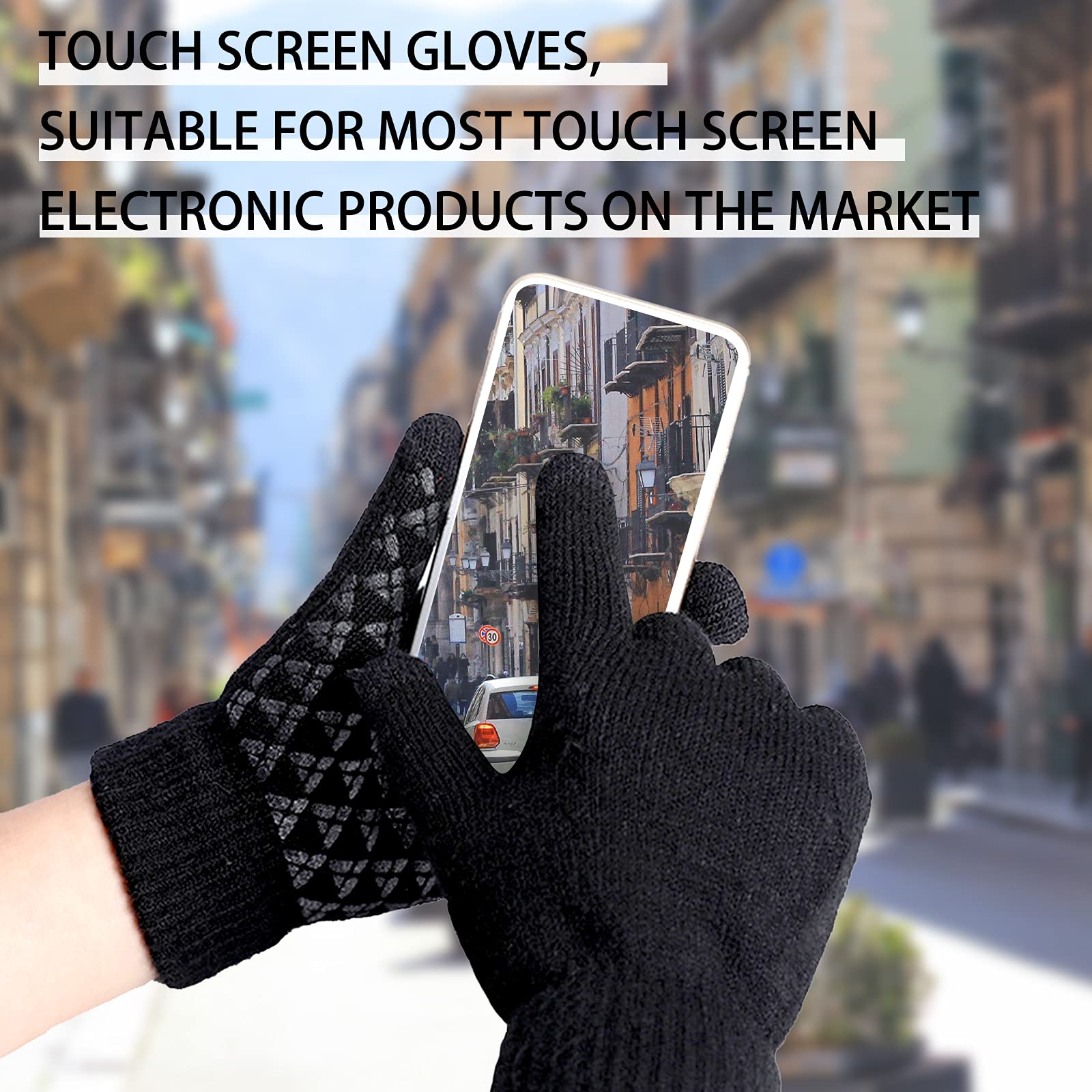 Andiker Winter Knit Gloves, Men Women Touch Screen Cold Weather Gloves, Full Finger Soft Warm Anti Slip Gloves for Hiking, Fishing, Cycling (black, L)