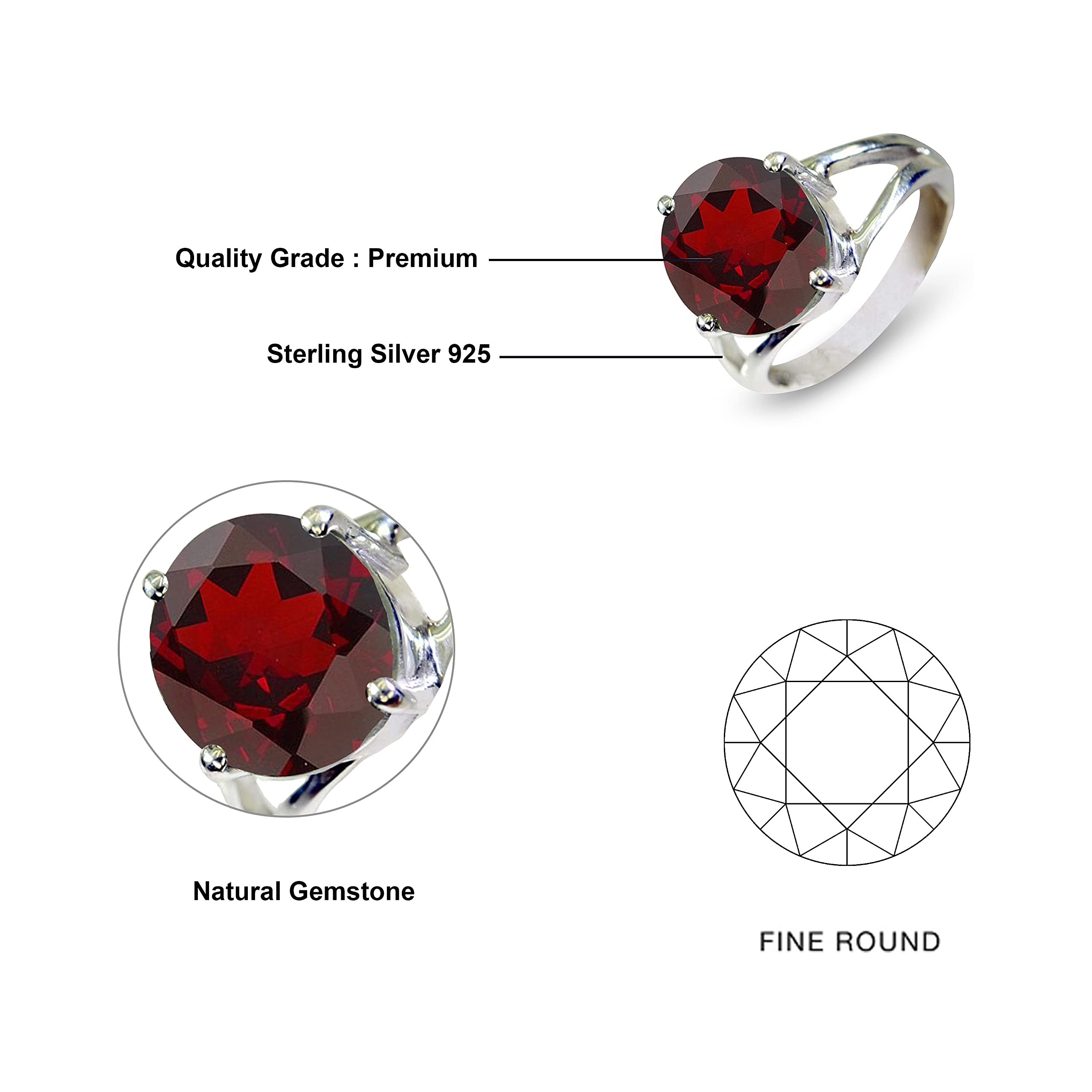 CaratYogi 925 Sterling Silver Natural Garnet Round Gemstone Promise Ring Birthstone Fashion Jewelry Wedding Rings for Men and Women Size 7.5