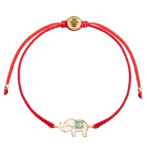 karma and luck red string bracelet for women, 18k gold elephant charm & diamond chip, made in bali, size 6”-8”